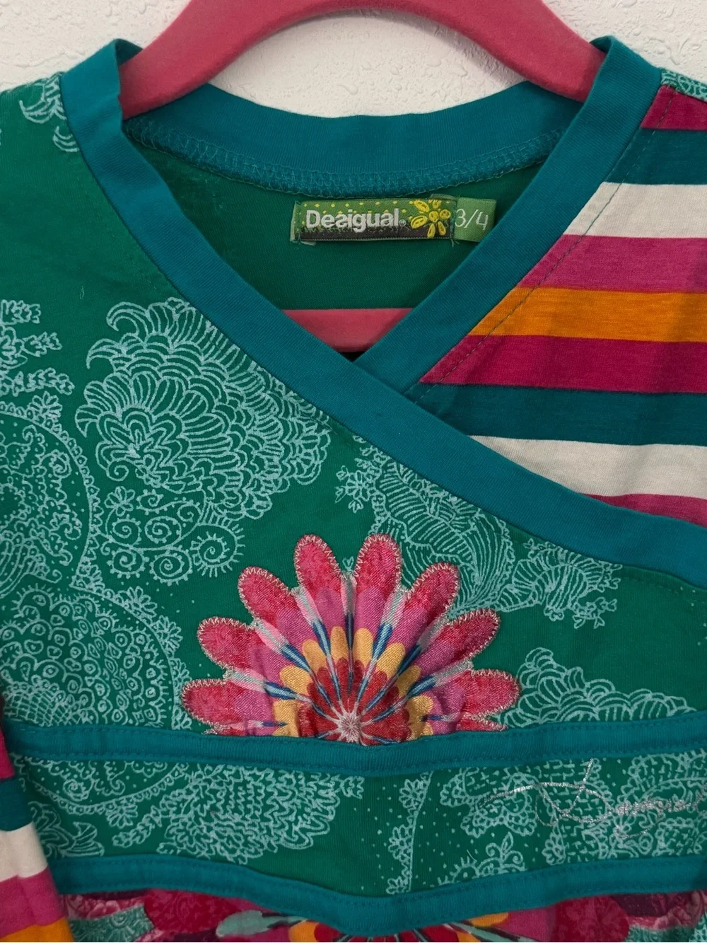Desigual Dress Teal Multicolor Floral Wrap-Style Long Sleeve Cotton Embroidered